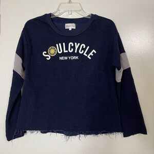 SOULCYCLE x SUNDRY blue crew neck pullover sweatshirt raw hem size medium